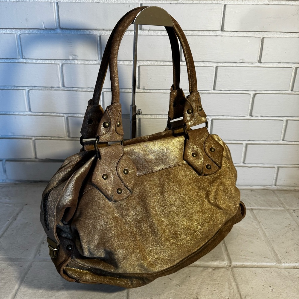 Kale Brown / Gold Metallic Suede Satchel Bag with Pink Suede Interior - Picture 2 of 15